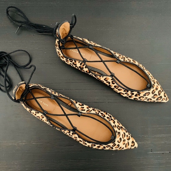 Zara Brown Leopard Pointed Toe Lace Up Flats - Picture 3 of 8